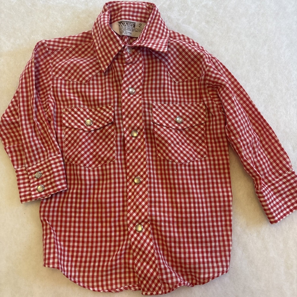 Vintage Red & White Plaid Shirt Boy's 2T Pearl Snap Rodeo Western
